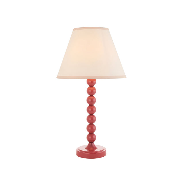 Endon Brenleigh Ivy table lamp with a pink stacked-sphere gloss metal base and tapered vintage white cotton-mix shade, shown on a plain background.