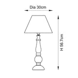 Line drawing of the Brenhurst table lamp showing a turned wood base and tapered fabric shade, with dimensions Dia 30cm and H 56.7cm on a white background.