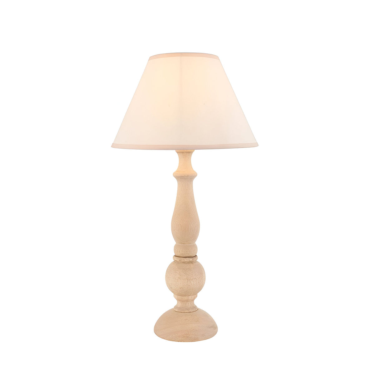 Brenhurst Table Lamp in Vintage White with hand-turned solid wood base and tapered Ivy fabric shade, shown on a plain white background.