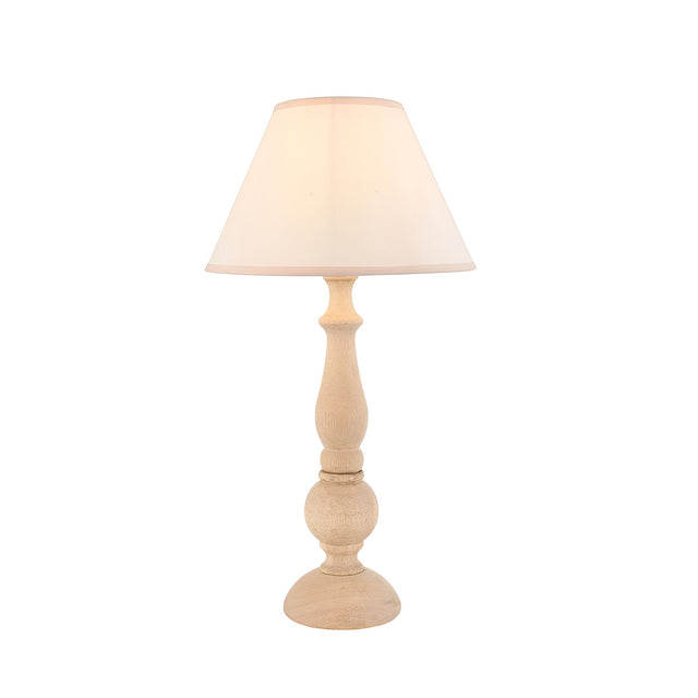 Brenhurst Table Lamp in Vintage White with hand-turned solid wood base and tapered Ivy fabric shade, shown on a plain white background.