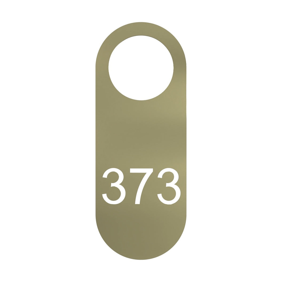 Blink Signage Tag for Wall Light in gold-finish iron, an elongated plate with rounded ends, a round top opening, and the number "373" cut through the lower half, shown on a plain white background.