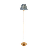 Endon Ashstead LED floor lamp with a slim brushed brass stem and blue and white ripple-print pleated fabric shade, shown on a plain white background.