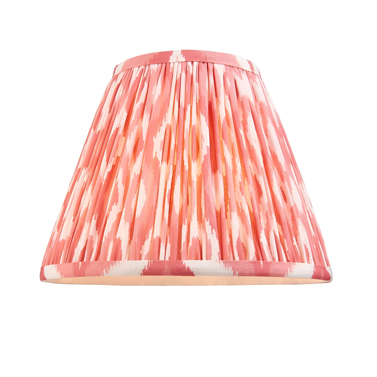 Endon Ashstead pleated Ikat lamp shade in coral pink and white faux silk with taped edging, shown on a plain white background.