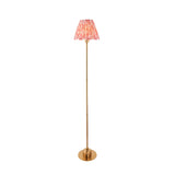Endon Ashstead LED floor lamp with slim brushed brass stem and pleated pink Ikat fabric shade, shown on a plain white background.