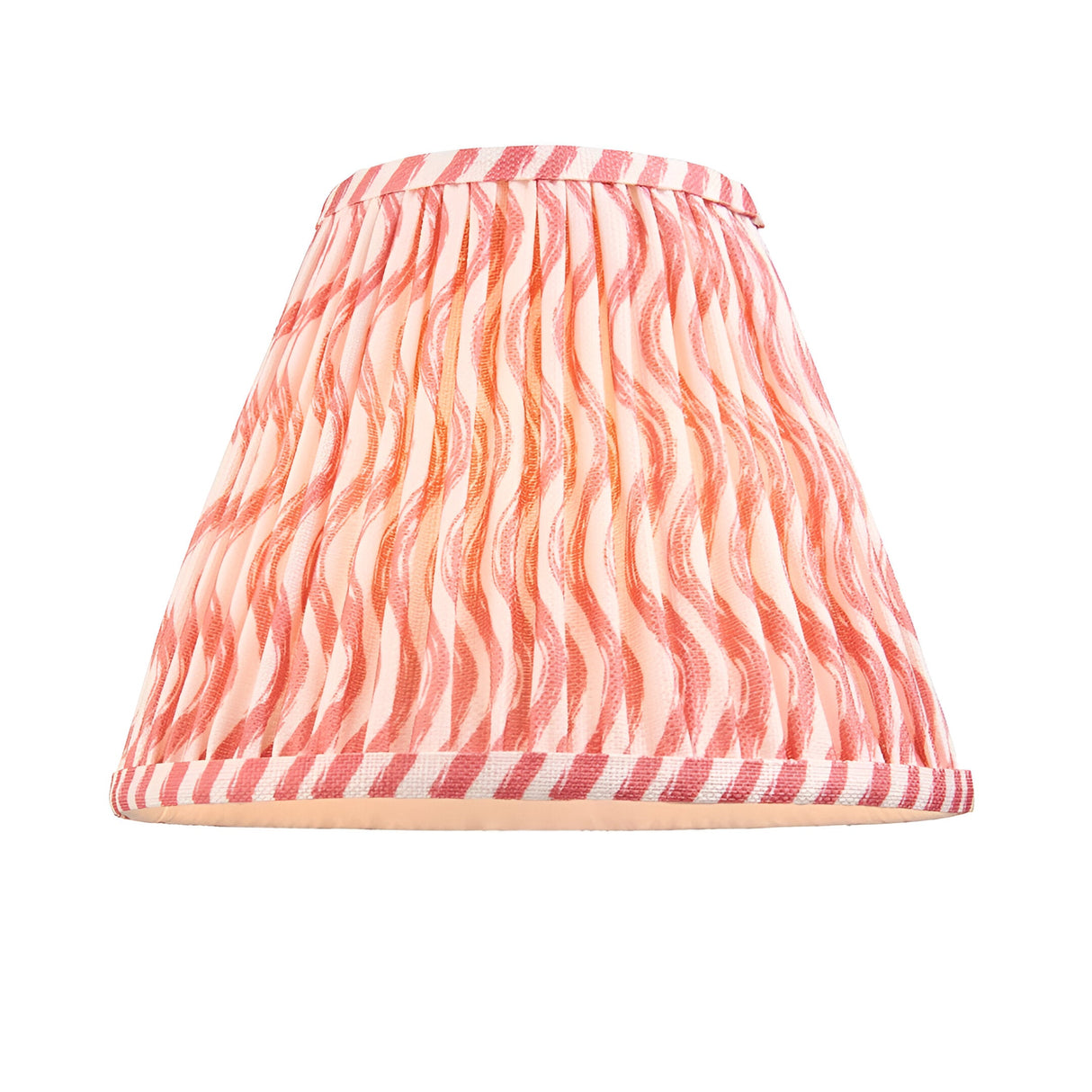 Endon Ashstead pleated Ripple lamp shade in coral pink and white wavy print with striped trim, shown on a plain white background.