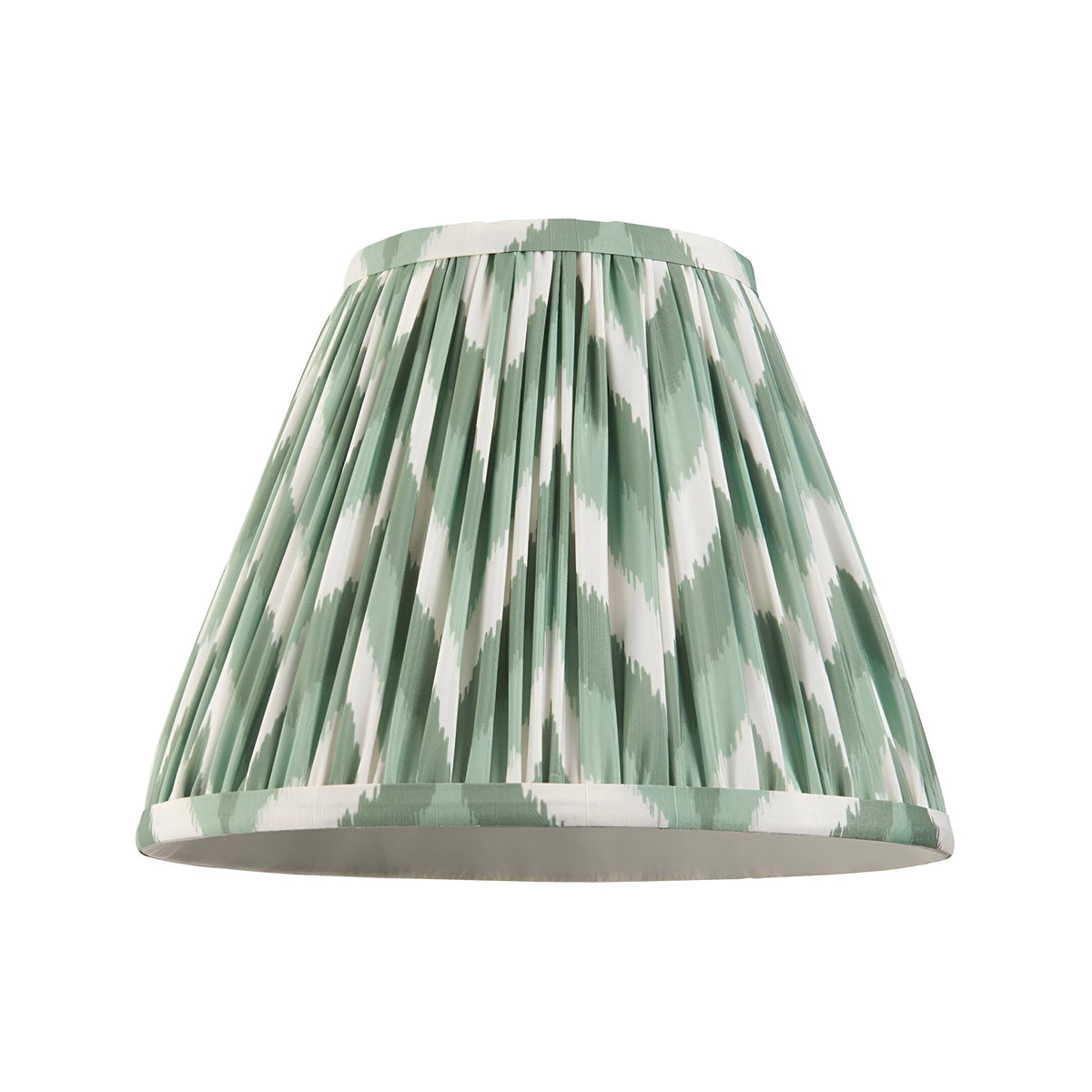 Endon Ashstead pleated Zigzag lamp shade in green and white digitally printed faux silk with taped edge, shown on a plain white background.