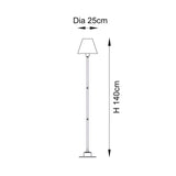 Dimension diagram of the Endon Ashstead LED floor lamp showing 140cm height and 25cm shade diameter on a plain white background.