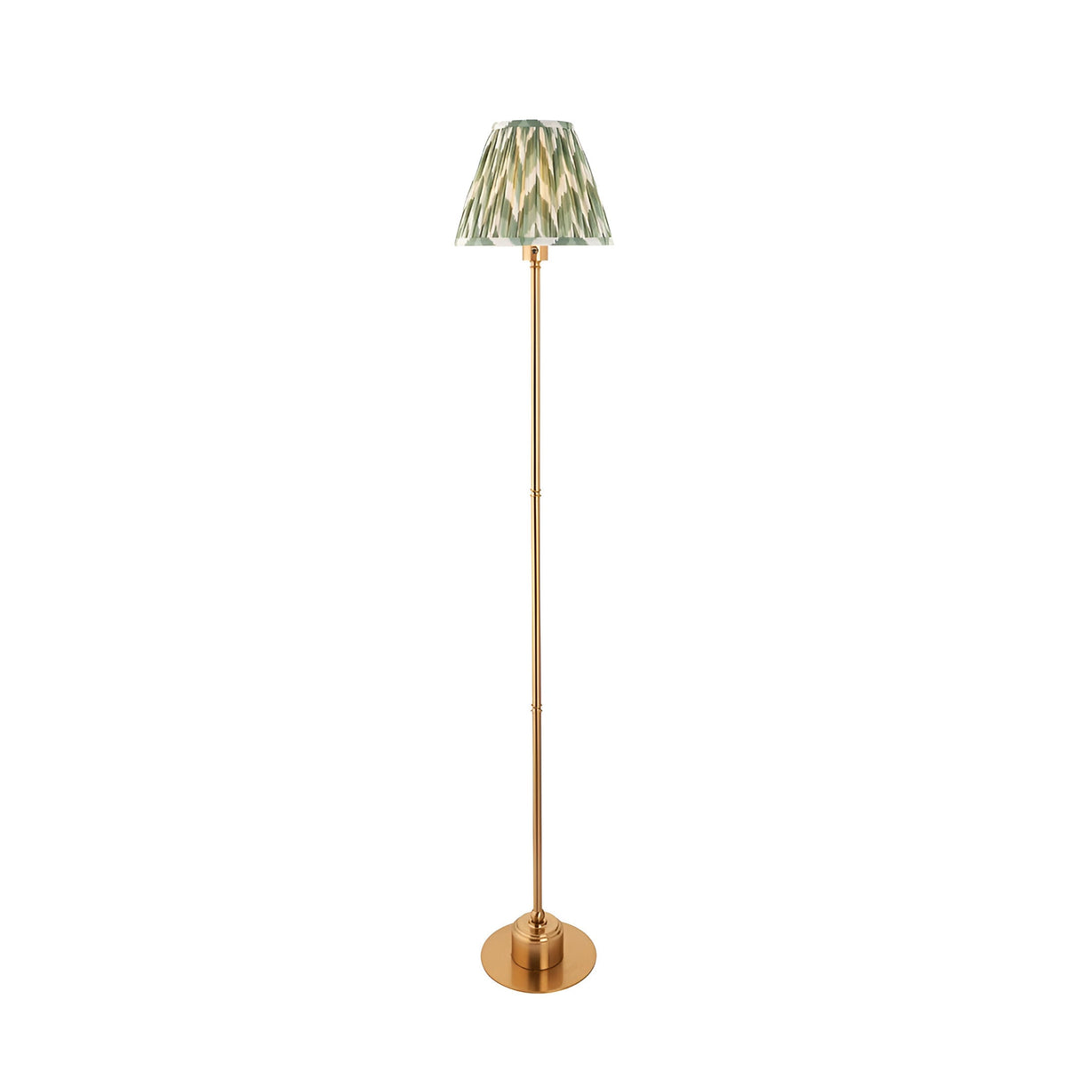 Endon Ashstead LED floor lamp with brushed brass stem and green zigzag pleated fabric shade, shown on a plain white background.