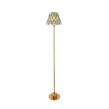 Endon Ashstead LED floor lamp with brushed brass stem and green zigzag pleated fabric shade, shown on a plain white background.