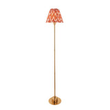 Endon Ashstead LED floor lamp with slim brushed brass stem and apricot orange zigzag pleated shade, shown on a plain white background.