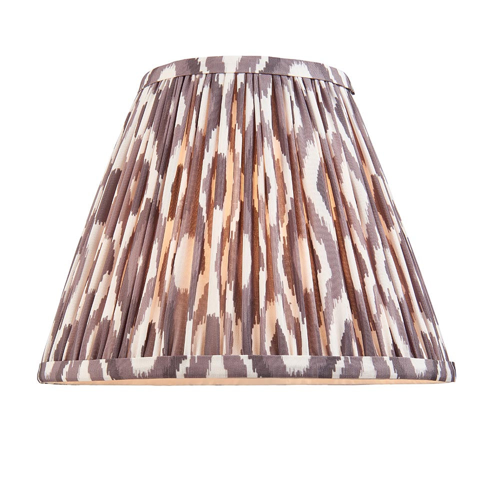 Endon Ashstead pleated Ikat lamp shade in grey, white and brown faux silk with taped edge detailing, shown on a plain white background.