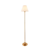 Endon Ashstead LED floor lamp with slim aged brass stem, round base and vintage white cotton Ivy shade, shown on a plain white background.