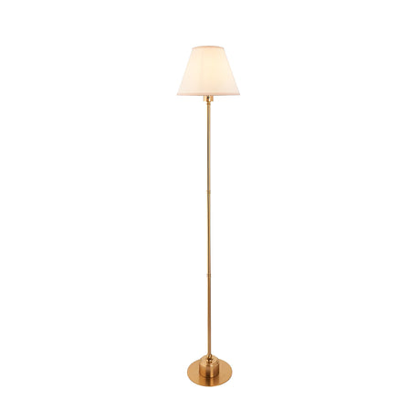 Endon Ashstead LED floor lamp with slim aged brass stem, round base and vintage white cotton Ivy shade, shown on a plain white background.