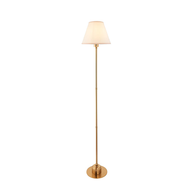 Endon Ashstead LED floor lamp with slim aged brass stem, round base and vintage white cotton Ivy shade, shown on a plain white background.