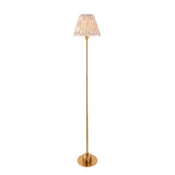 Endon Ashstead LED Ikat floor lamp with a brushed brass stem, round base and 25cm pleated faux silk Ikat shade in natural, on a white background.