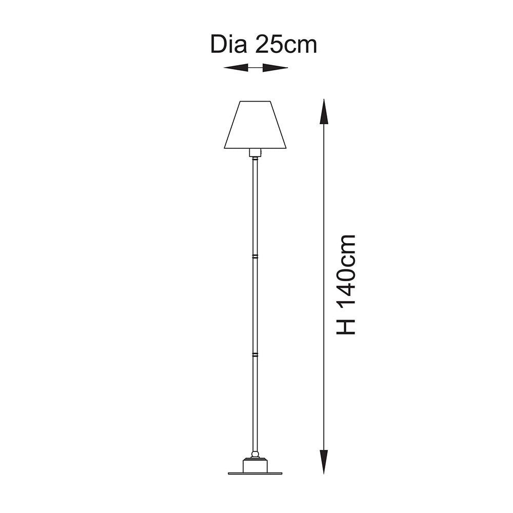 Dimensioned line drawing of the Endon Ashstead LED Ikat floor lamp showing 140cm height and 25cm shade diameter on a plain background.