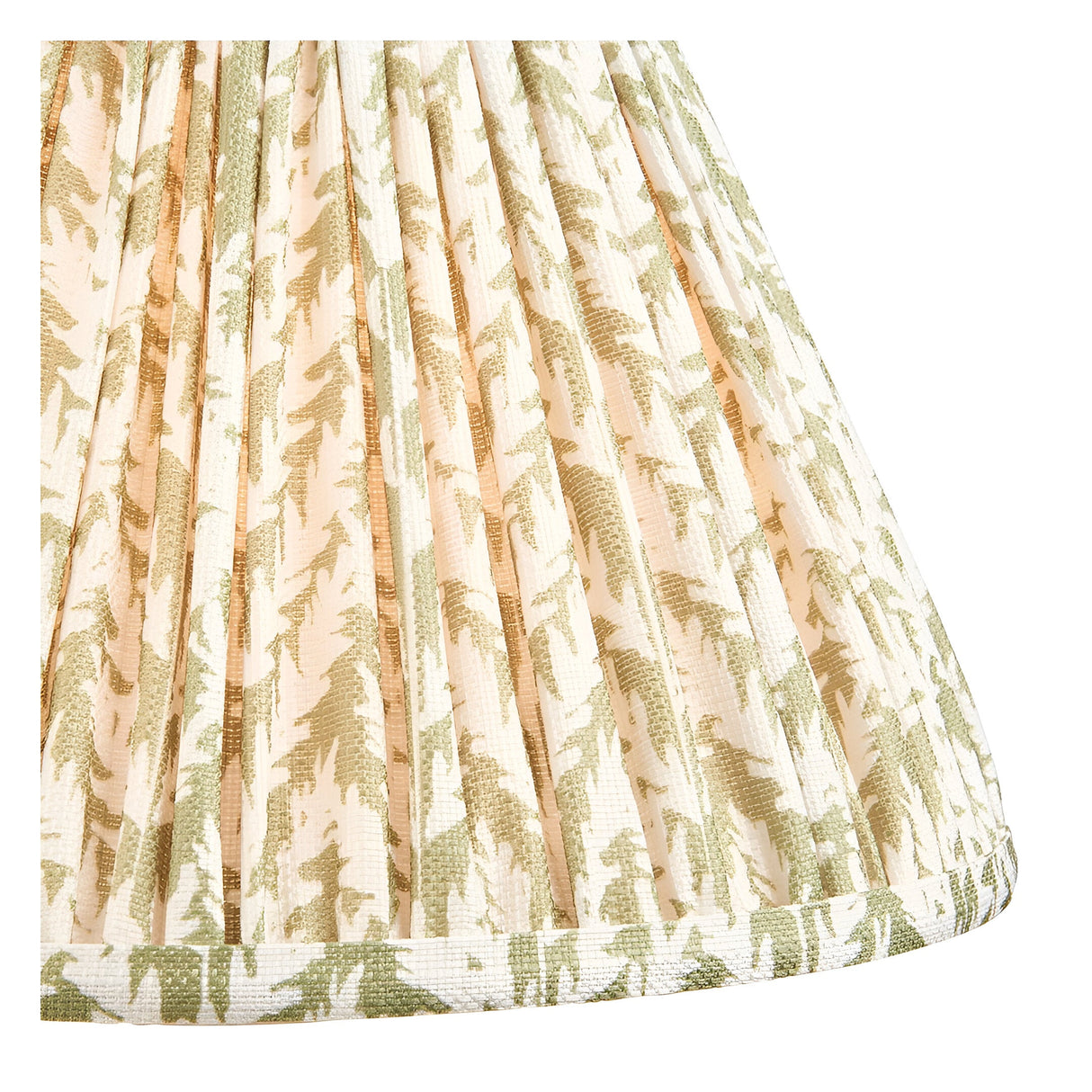 Close-up of the Endon Ashstead floor lamp's 30cm Leaf shade, a gathered pleat fabric in herb green print with taped edging on a plain background.