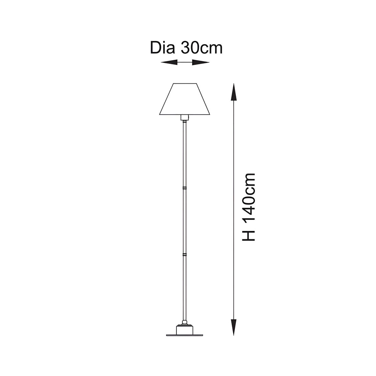 Endon Ashstead LED floor lamp dimension diagram showing 140cm height and 30cm shade diameter on a plain white background.