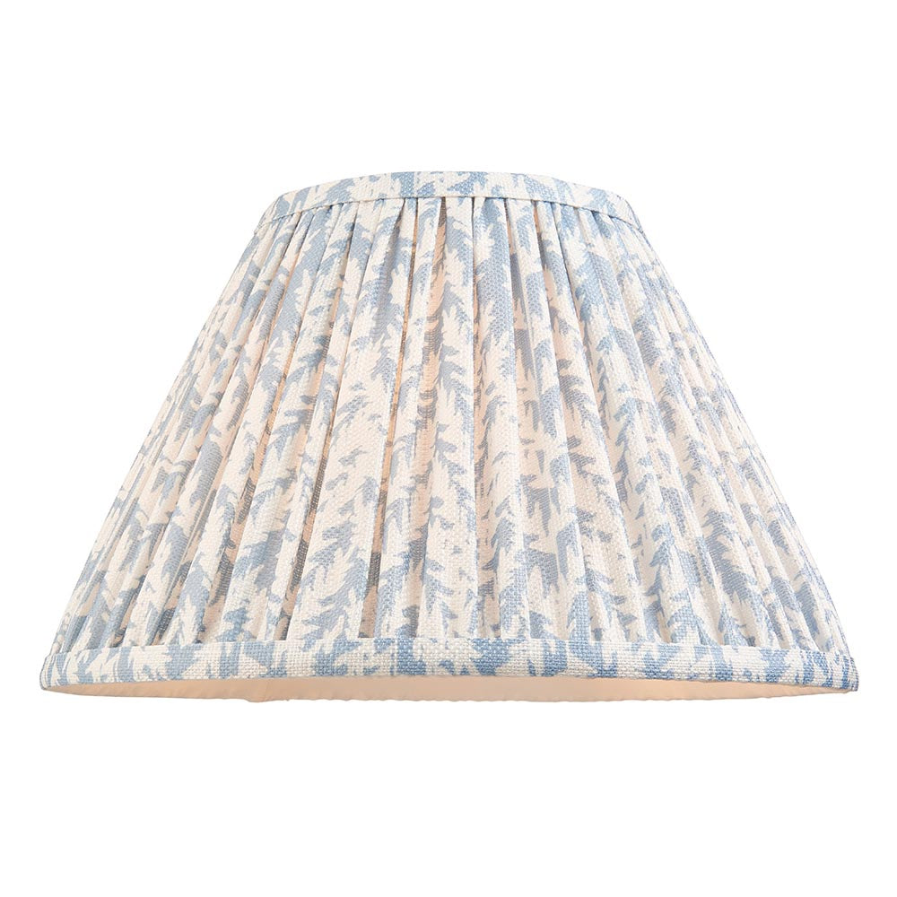 Ashstead LED Leaf Floor Lamp shade in pleated blue and white leaf-print fabric with taped edges, shown on a plain white background.