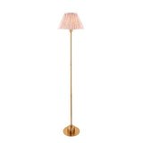 Ashstead LED Leaf Floor Lamp with slim brushed brass stem and pleated fabric shade in white, shown against a plain white background.