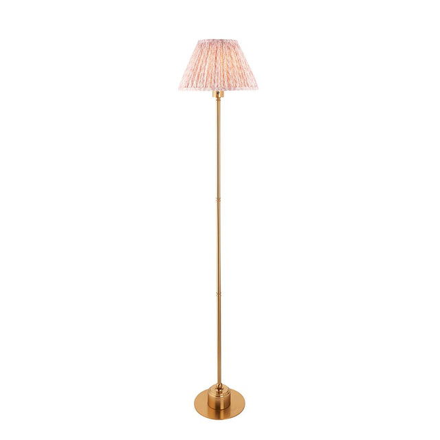 Ashstead LED Leaf Floor Lamp with slim brushed brass stem and pleated fabric shade in white, shown against a plain white background.