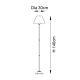 Line drawing of the Ashstead LED Leaf Floor Lamp showing a slim brass stem with tapered white fabric shade, 30cm diameter and 140cm height, on white background.