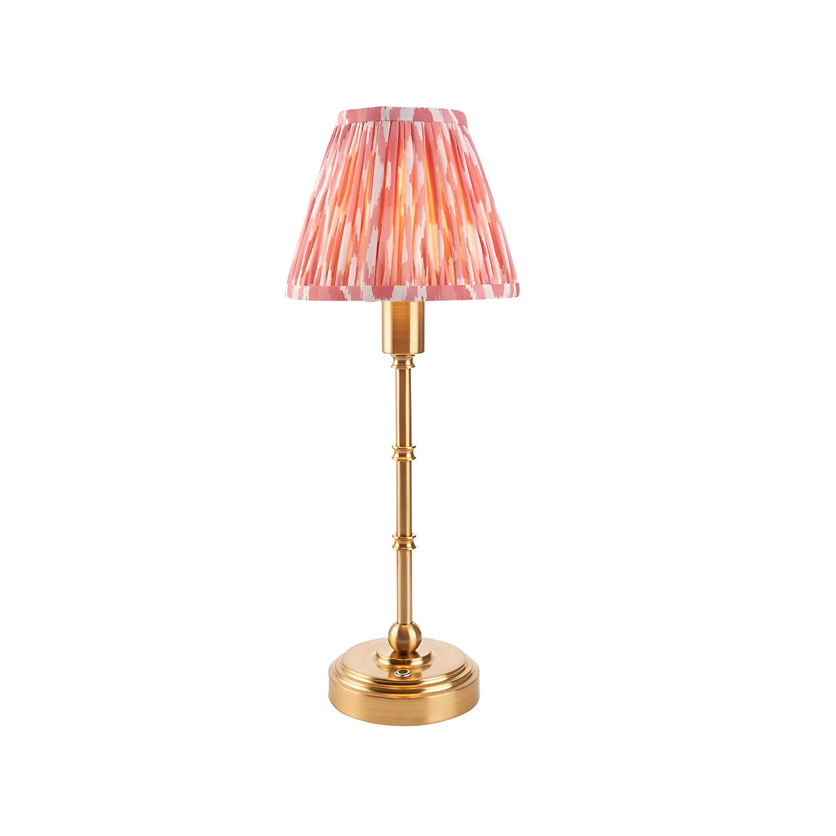 Endon Ashstead cordless LED table lamp with brushed brass stem and pleated pink and white Ikat fabric shade, shown on a plain white background.