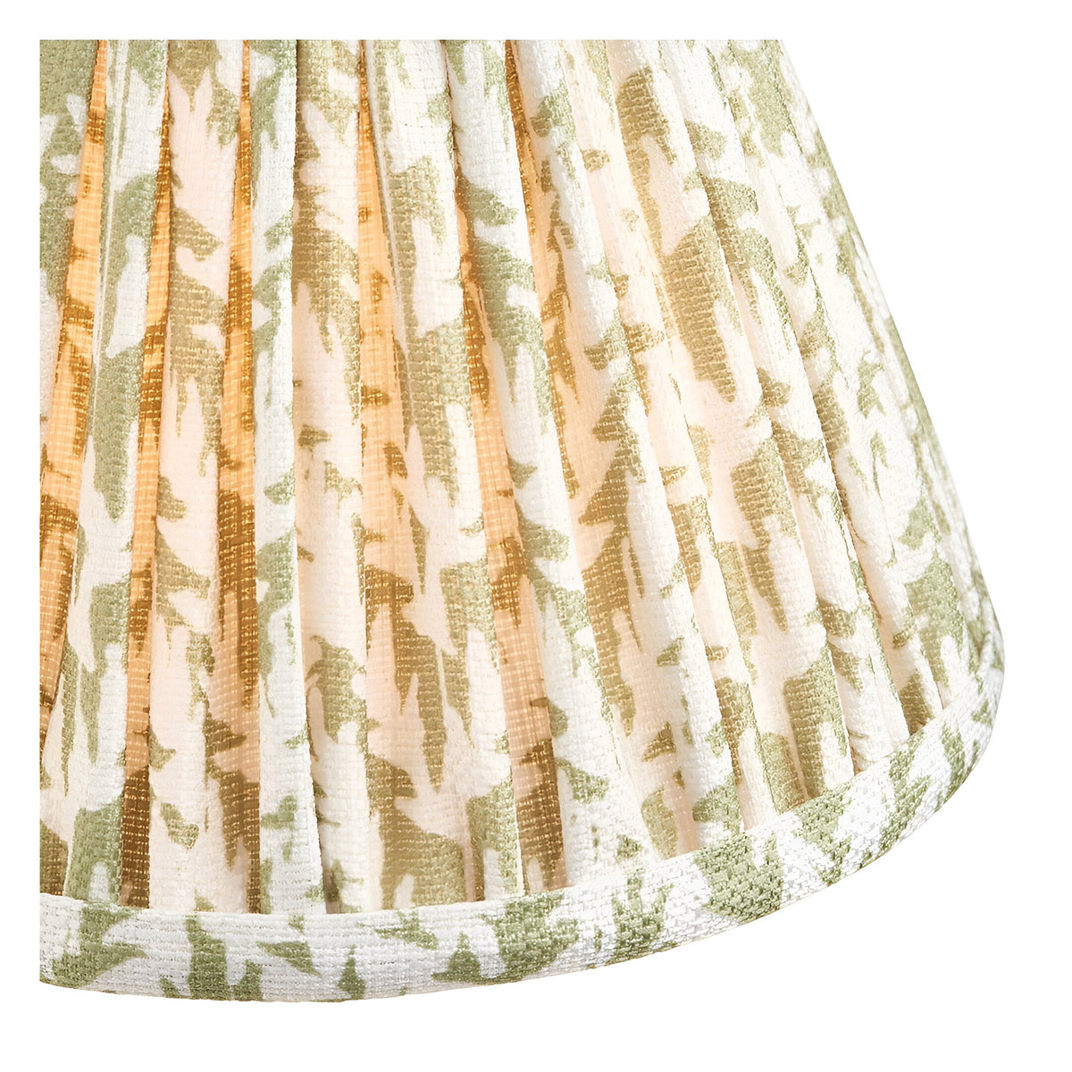 Close-up of the Ashstead LED Table Lamp's pleated fabric shade in cream, gold, and green leaf print with a scalloped green trim edge.