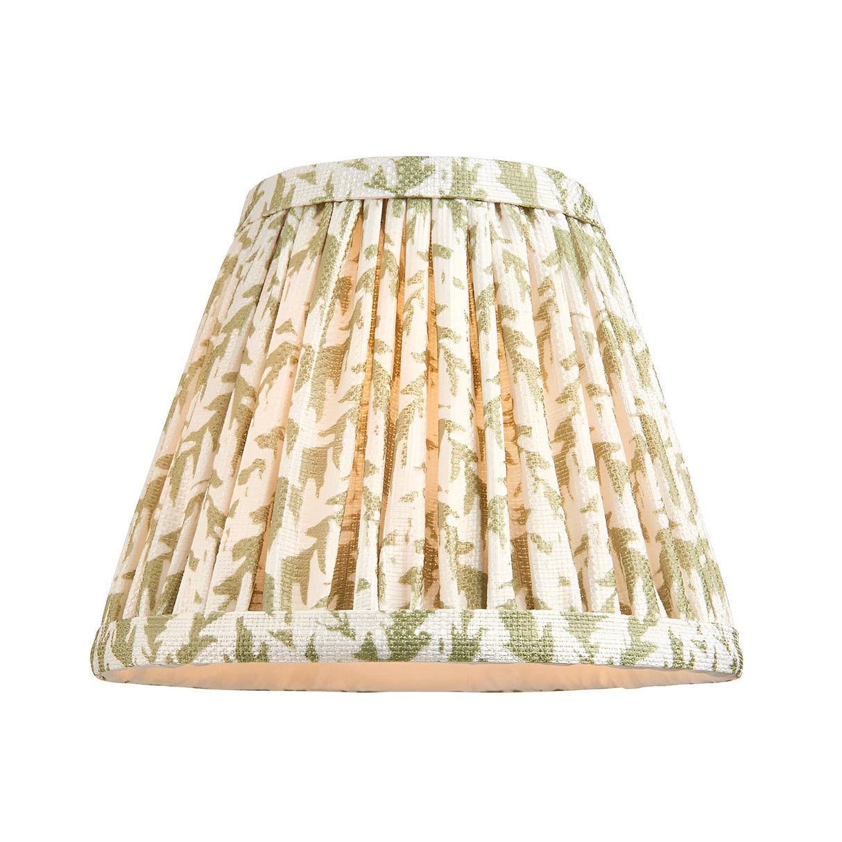 Ashstead LED Leaf Table Lamp with pleated cream fabric shade featuring a green leaf pattern, shown on a plain white background.