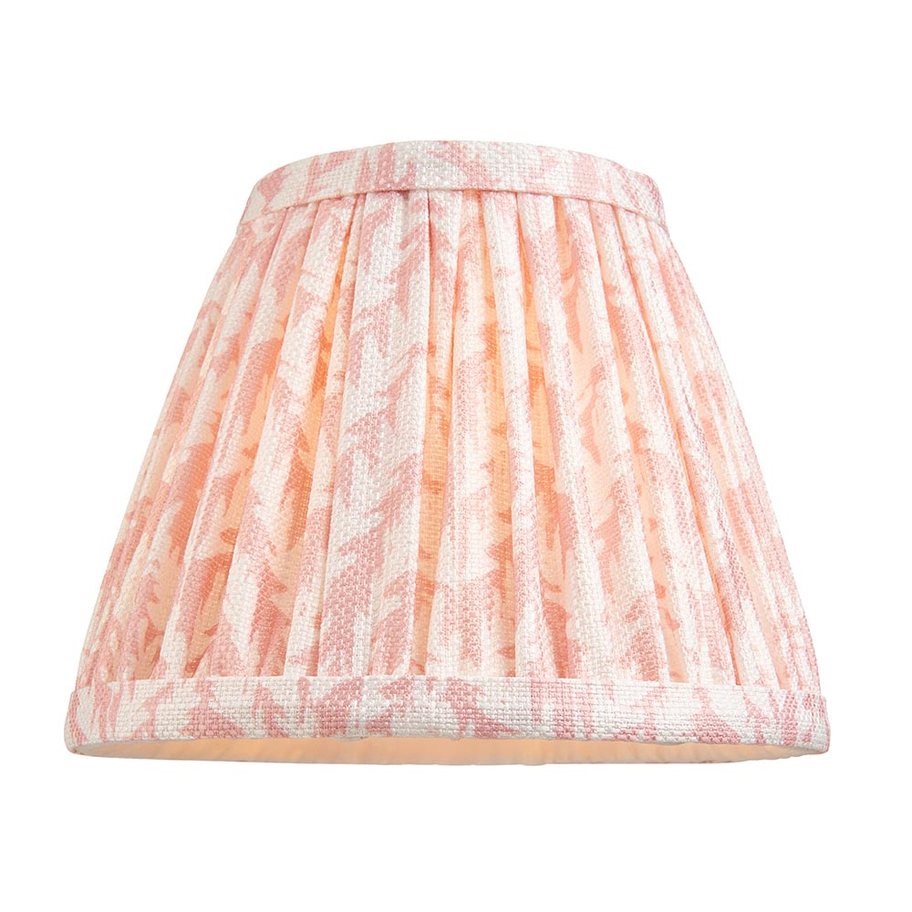 Endon Ashstead pleated clip-on lamp shade in digitally printed pink leaf faux linen with taped edging, shown on a plain white background.