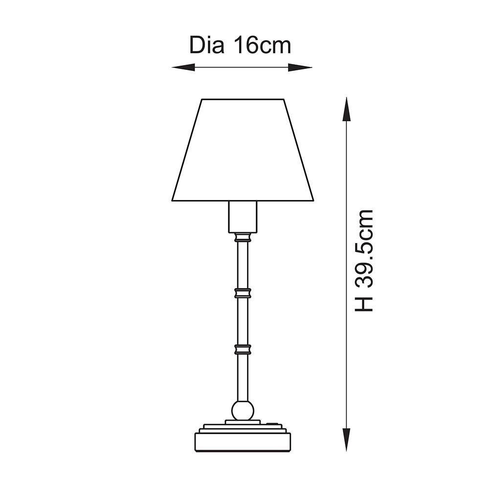 Dimension diagram of the Endon Ashstead LED Leaf table lamp showing 39.5cm height and 16cm shade diameter on a plain white background.