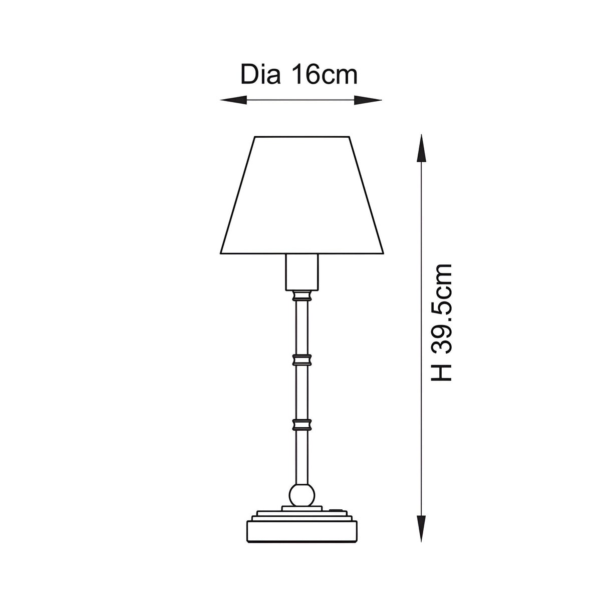 Dimension diagram of the Endon Ashstead LED Ripple table lamp showing 39.5cm height and 16cm shade diameter on a plain white background.