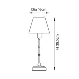 Dimension diagram of the Endon Ashstead LED Ripple table lamp showing 39.5cm height and 16cm shade diameter on a plain white background.