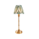 Ashstead LED Table Lamp with brass base and stem, featuring a pleated green, white and gold zigzag-patterned fabric shade.