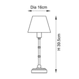 Endon Ashstead LED table lamp dimension diagram showing 39.5cm height and 16cm shade diameter, with tapered shade and slim turned base.