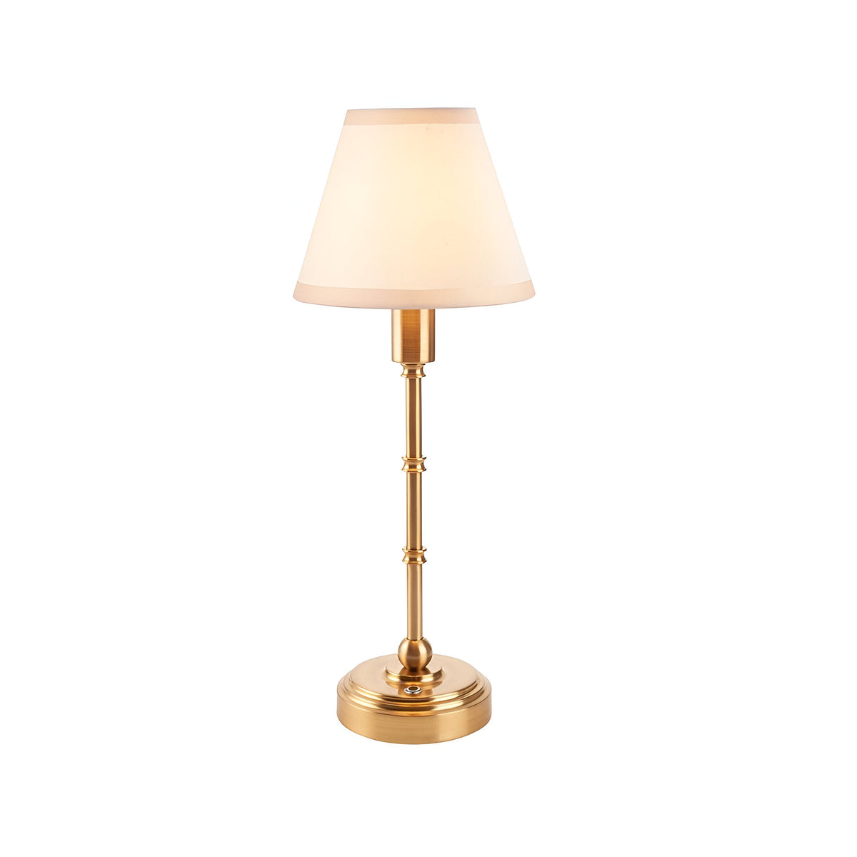 Ashstead LED Table Lamp in brushed aged brass with a tapered vintage white cotton-mix shade, on a plain white background.