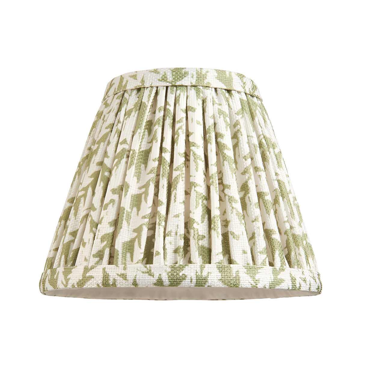 Endon Ashstead pleated empire lamp shade in cream faux linen with green leaf print, shown on a plain white background.