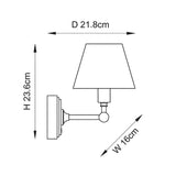 Technical line drawing of the Ashstead LED Leaf wall light with tapered fabric shade and brass arm, showing dimensions 21.8cm depth, 23.6cm height, 16cm width.