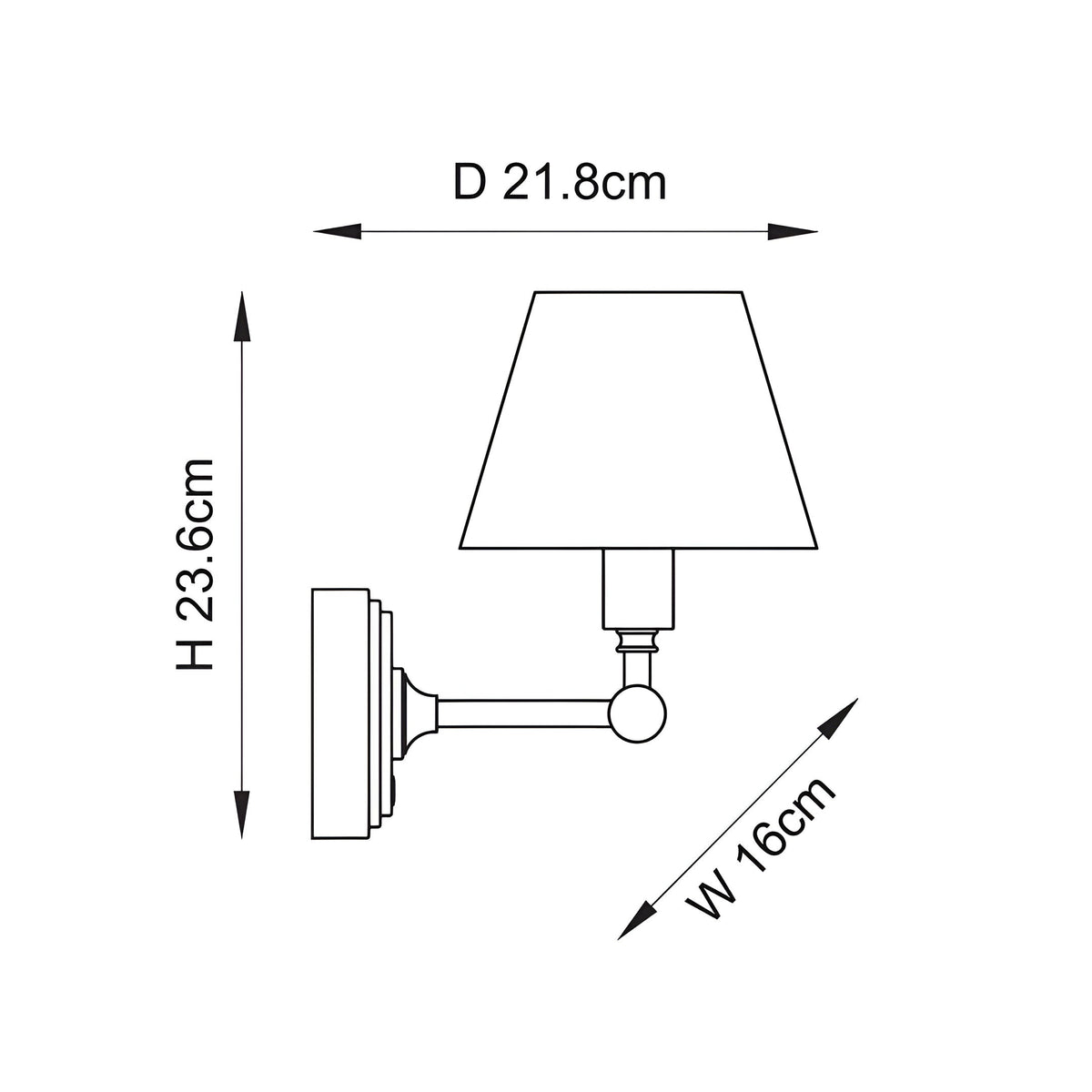 Endon Ashstead LED Ripple wall light dimensions diagram showing 23.6cm height, 16cm width and 21.8cm projection on a plain white background.