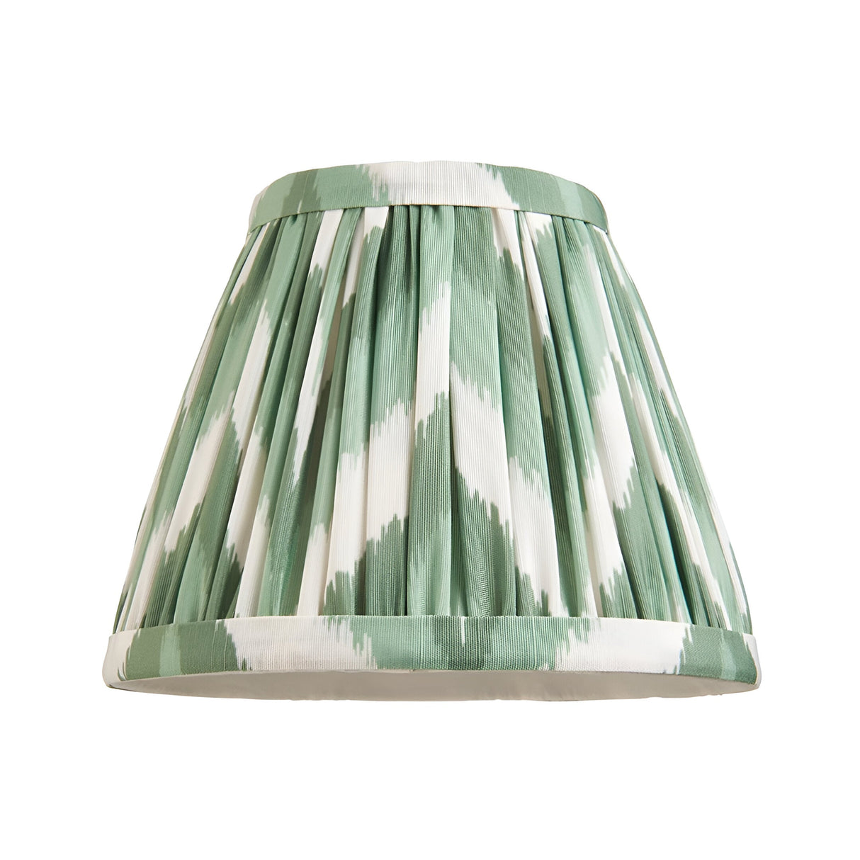 Endon Ashstead pleated tapered lamp shade in green and white ikat-style zigzag fabric with ribbon trim, shown on a plain white background.