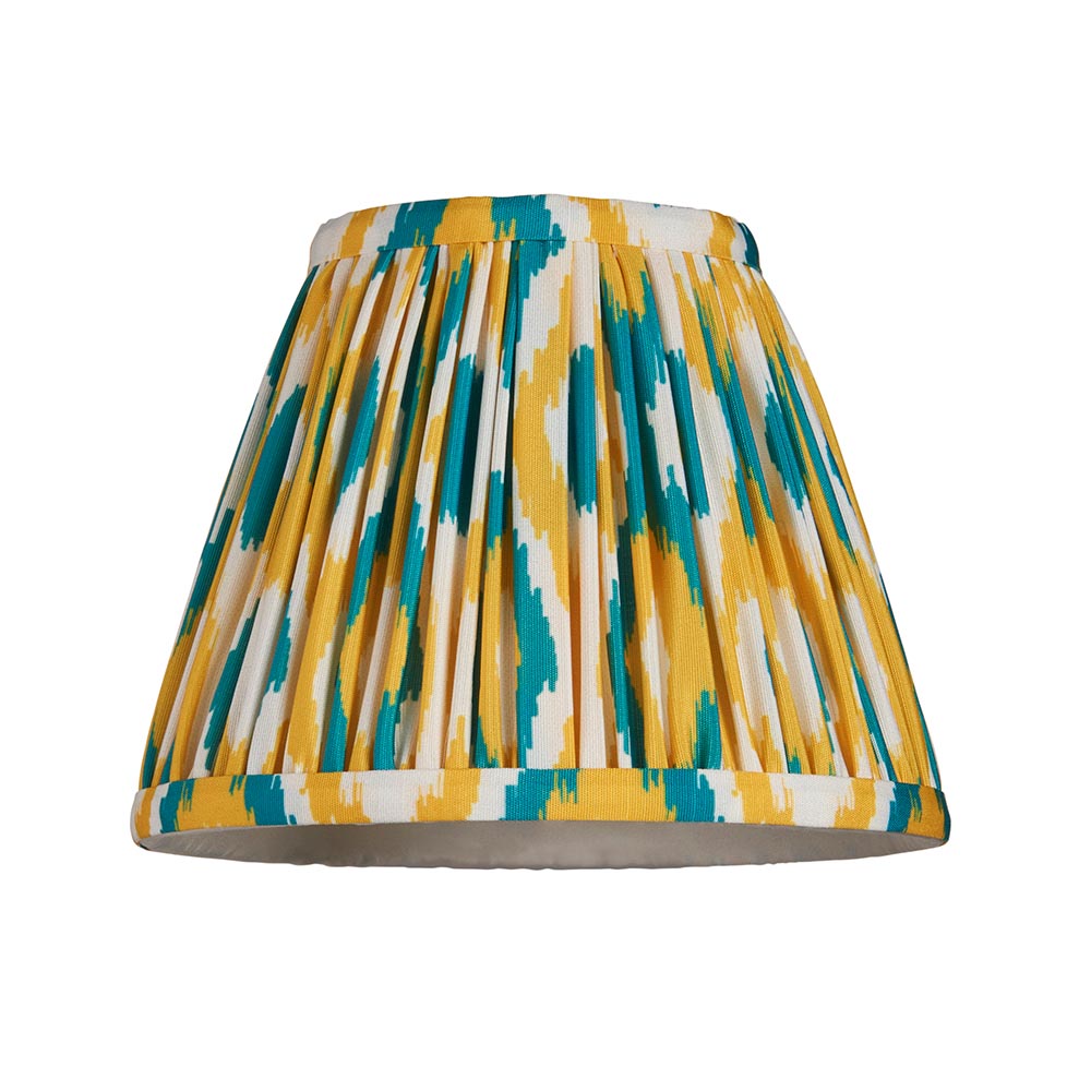 Endon Ashstead pleated Ikat lamp shade in white with yellow and jade blue brushstroke print, shown on a plain white background.