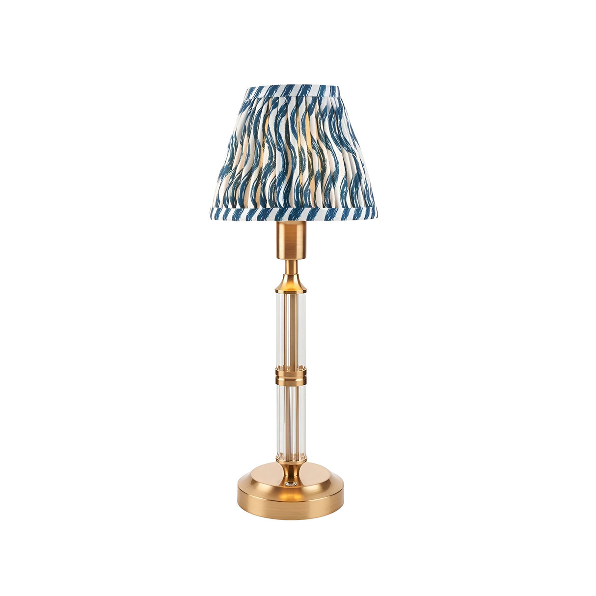 Endon Carlwood LED rechargeable table lamp in brushed brass with clear acrylic stem and blue Ripple pleated faux linen shade, on a white background.