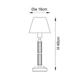 Dimension diagram of Endon Carlwood LED table lamp showing 40cm height and 16cm shade diameter on a white background.