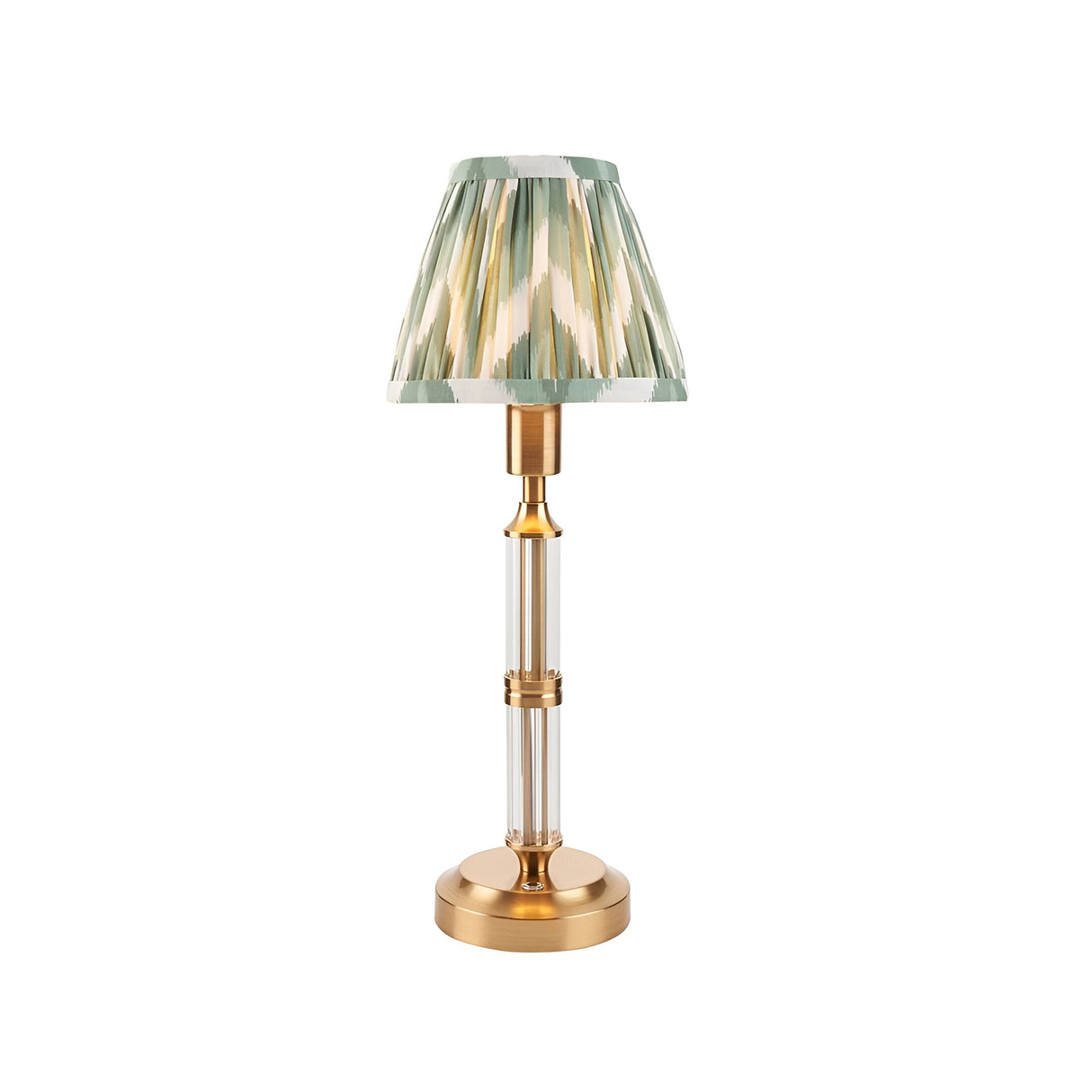 Carlwood LED Table Lamp with brushed aged brass base, clear acrylic column, and pleated Cotswold green zigzag fabric shade, shown on a plain white background.