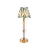 Carlwood LED Table Lamp with brushed aged brass base, clear acrylic column, and pleated Cotswold green zigzag fabric shade, shown on a plain white background.