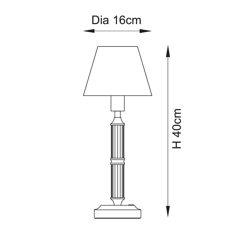 Line drawing of the Carlwood LED Table Lamp showing a tapered fabric shade on a fluted column base, with dimensions 16cm diameter and 40cm height.