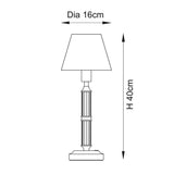 Line drawing of the Carlwood LED Table Lamp showing a tapered fabric shade on a fluted column base, with dimensions 16cm diameter and 40cm height.