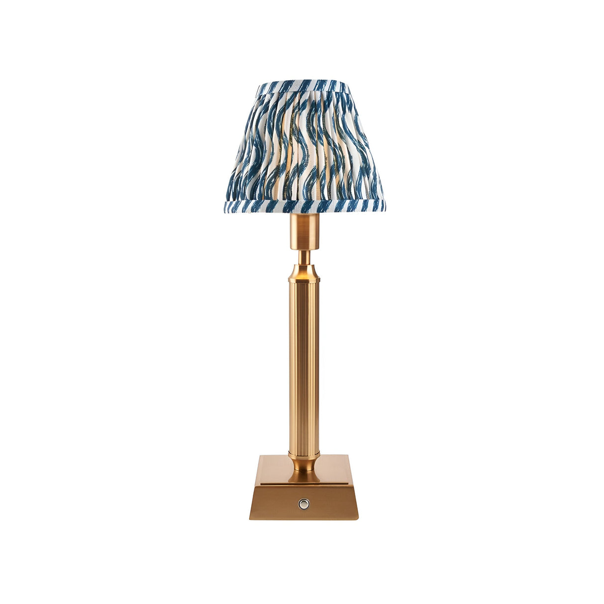 Cranwick LED rechargeable ripple table lamp with reeded brushed brass stem, square base, touch dimmer, and blue and white patterned fabric shade.