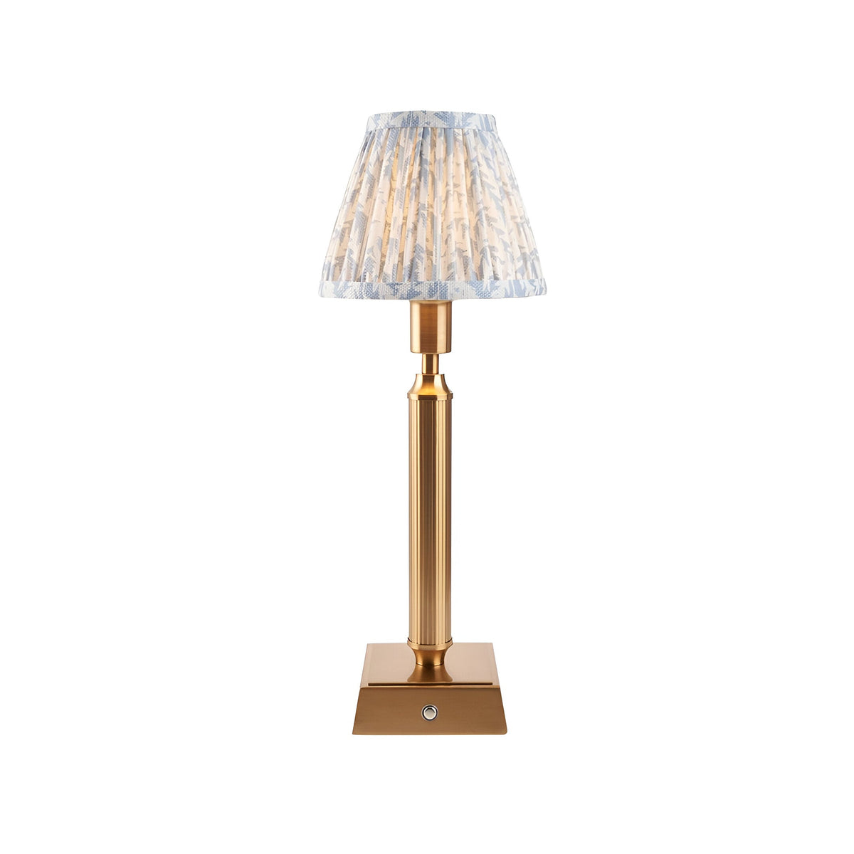 Endon Cranwick LED Leaf table lamp with brushed brass reeded stem, square base and pleated blue and white leaf-print shade on a white background.