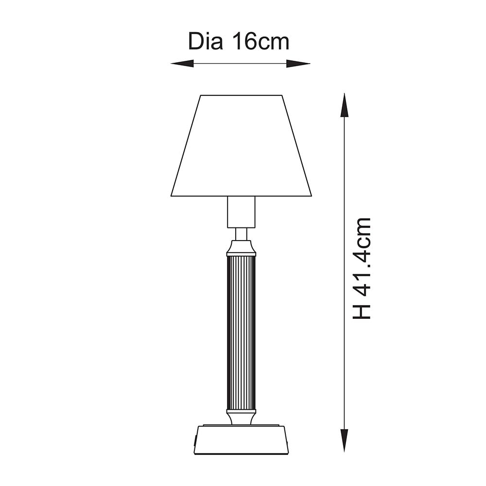 Line drawing of the Cranwick LED Leaf Table Lamp showing a reeded stem, square base and tapered shade, with dimensions Dia 16cm and H 41.4cm.